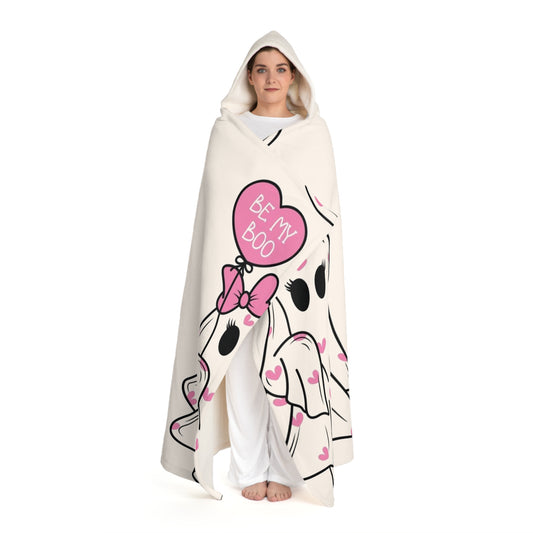 Cute Ghost-Themed Hooded Sherpa Blanket, Cozy Fleece Throw for Halloween, Valentine's Day, Gifts for Couples, Warm Home Decor