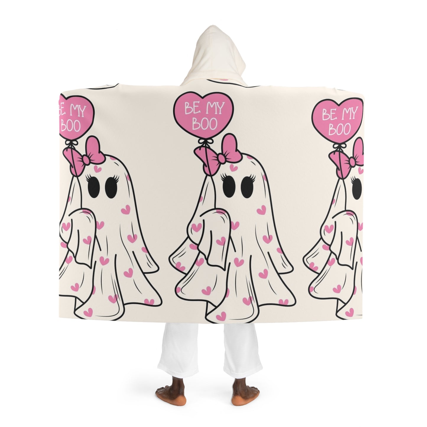 Cute Ghost-Themed Hooded Sherpa Blanket, Cozy Fleece Throw for Halloween, Valentine's Day, Gifts for Couples, Warm Home Decor