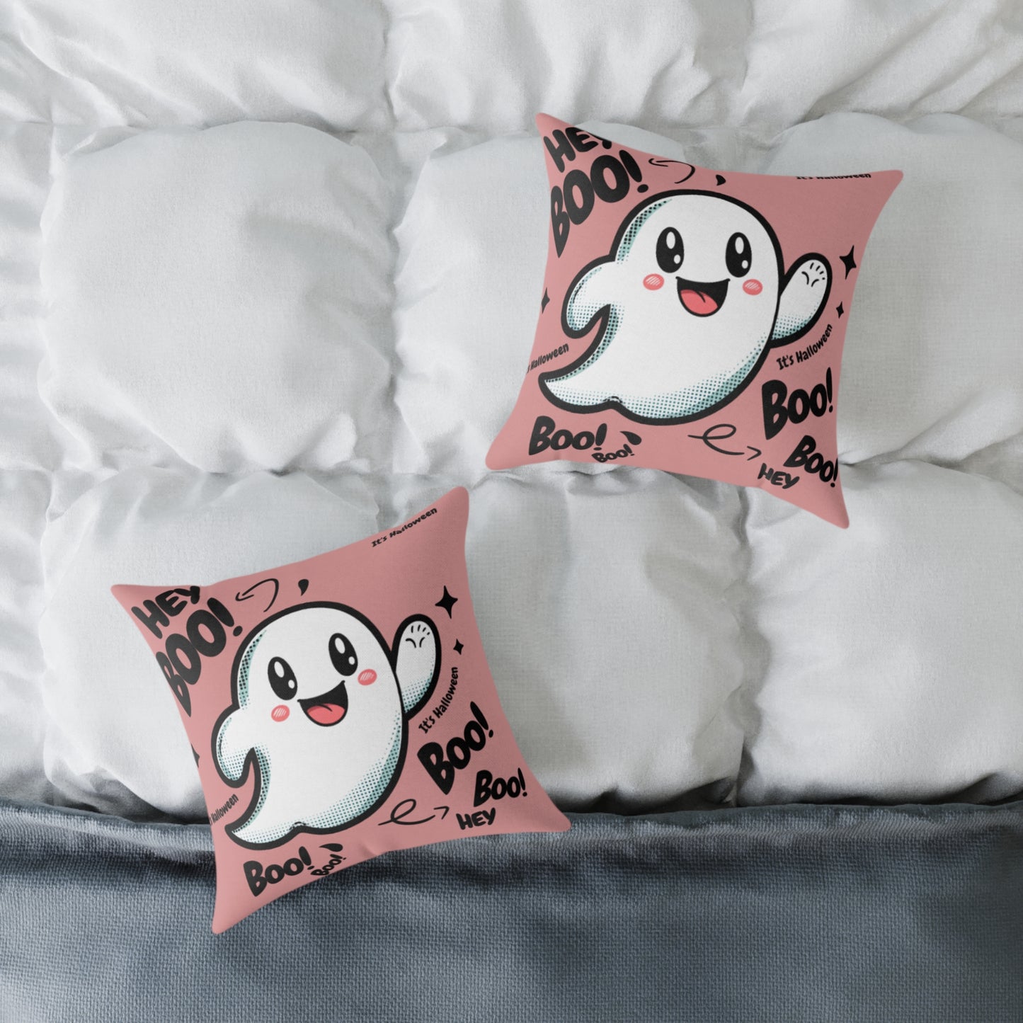 Ghost-Themed Square Poly Canvas Pillow, Cute Halloween Decor, Cozy Home Accent, Fun Seasonal Gift, Whimsical Throw Pillow