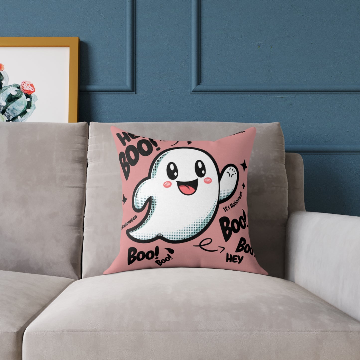 Ghost-Themed Square Poly Canvas Pillow, Cute Halloween Decor, Cozy Home Accent, Fun Seasonal Gift, Whimsical Throw Pillow