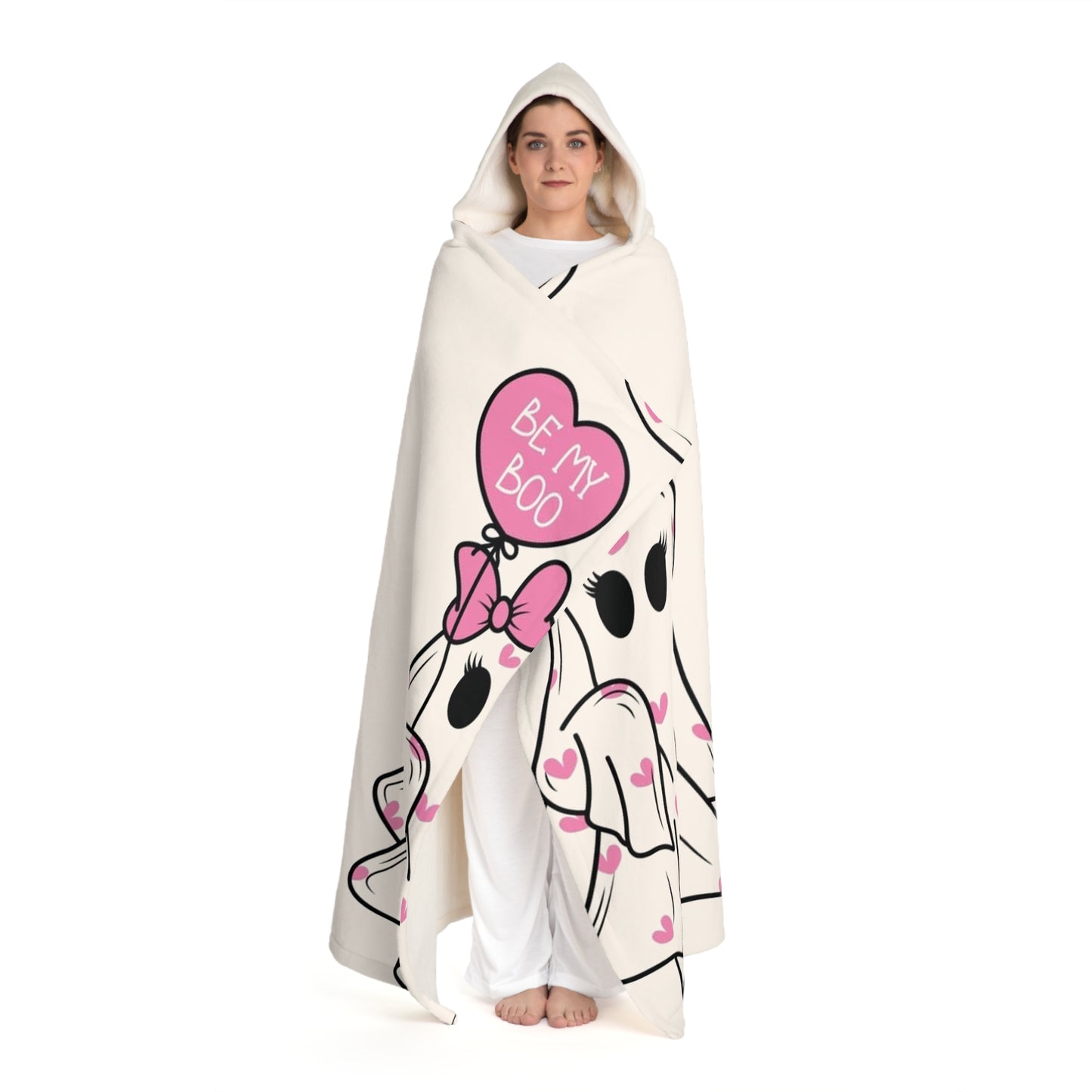 Cute Ghost-Themed Hooded Sherpa Blanket, Cozy Fleece Throw for Halloween, Valentine's Day, Gifts for Couples, Warm Home Decor