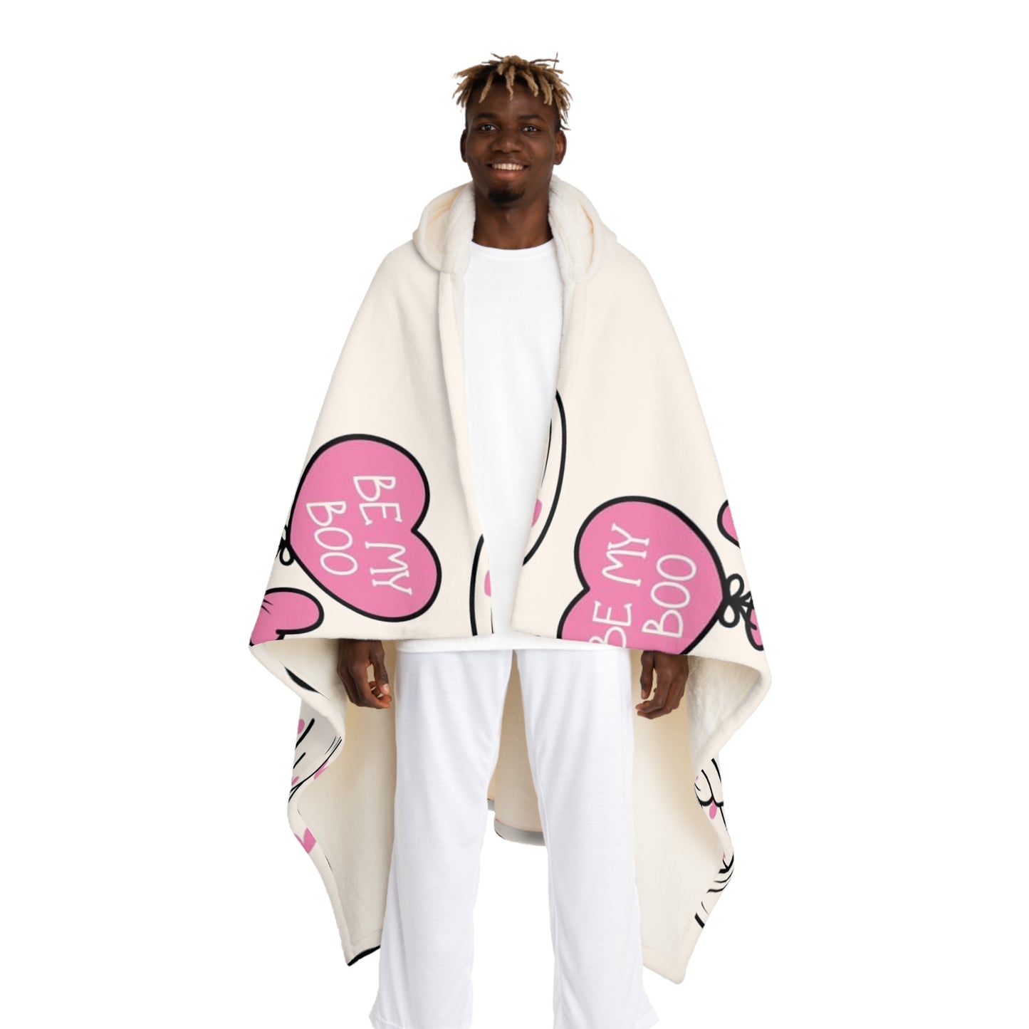 Cute Ghost-Themed Hooded Sherpa Blanket, Cozy Fleece Throw for Halloween, Valentine's Day, Gifts for Couples, Warm Home Decor